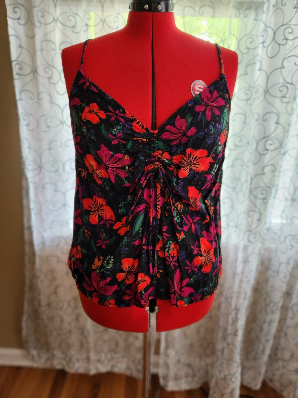 Ava & Viv Black Floral V-Neck Spaghetti Strap Tank with Pink and Orange Blooms